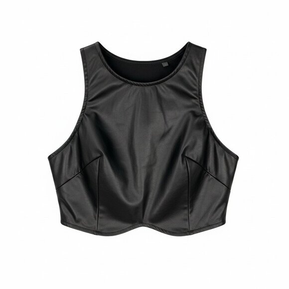 Black Faux Leather Corset Style Crop Top Sleeveless Underbust Size M - Picture 5 of 11